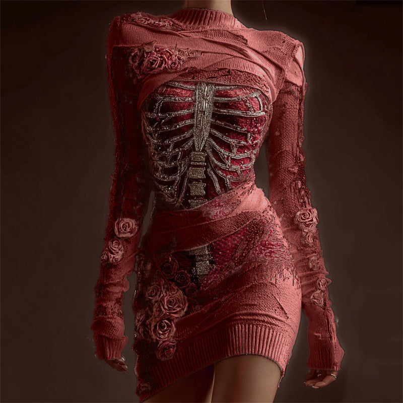 Comstylish Classy Skeleton Anatomy Bloody Roses Bandages Knit Sweater Dress
