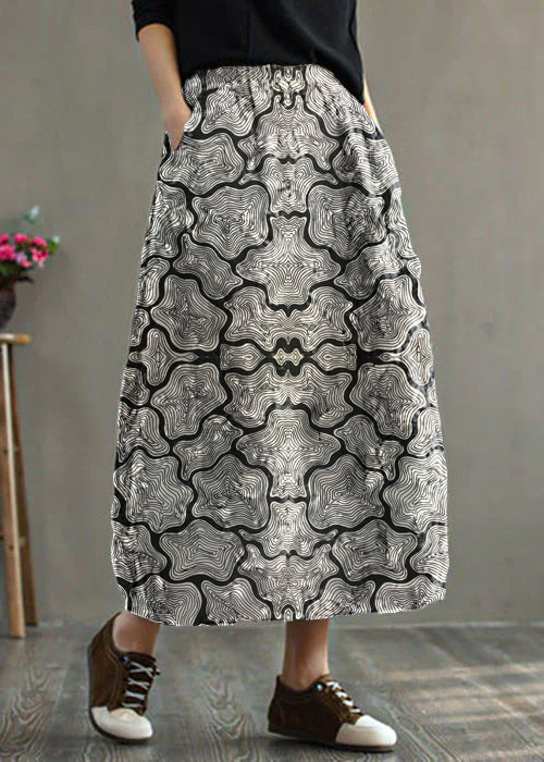 Black - Texture Elastic Waist Patchwork Print Fine Cotton Filled Skirt Winter