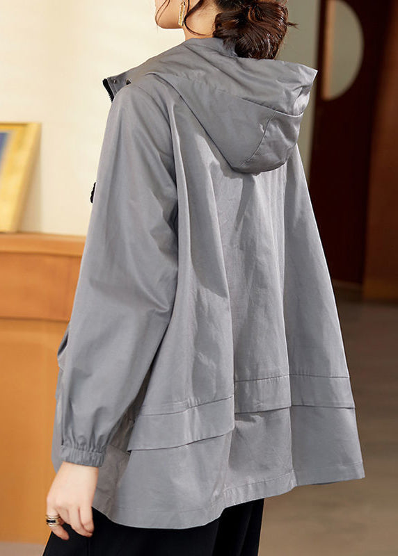 Loose Grey Pockets Patchwork Cotton Hooded Coat Fall