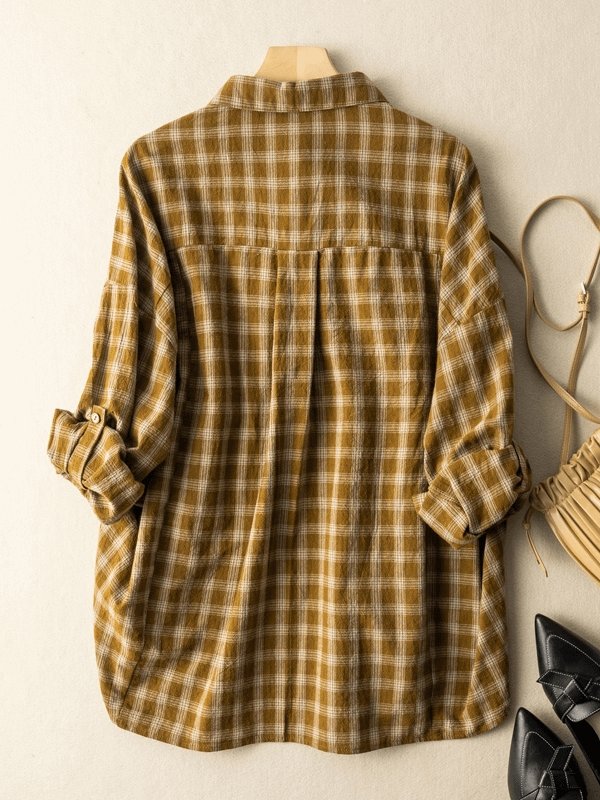 Natural Fabric Classic Plaid Style Loose Shirt