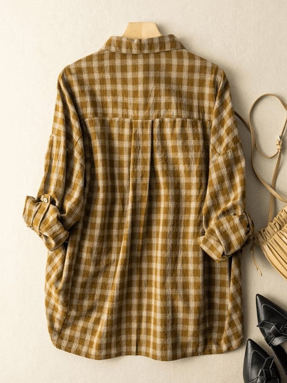 Natural Fabric Classic Plaid Style Loose Shirt