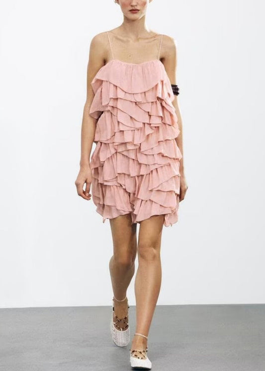 Pink Backless Layered Cotton Spaghetti Strap Dress Sleeveless