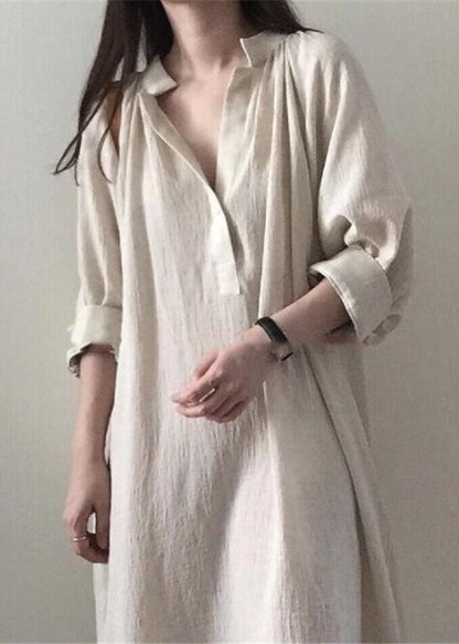 Apricot Side Open Stand Collar Cotton Dresses Long Sleeve