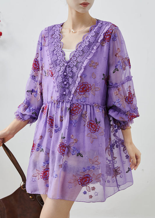 Purple Embroidered Patchwork Chiffon Vacation Dress Fall