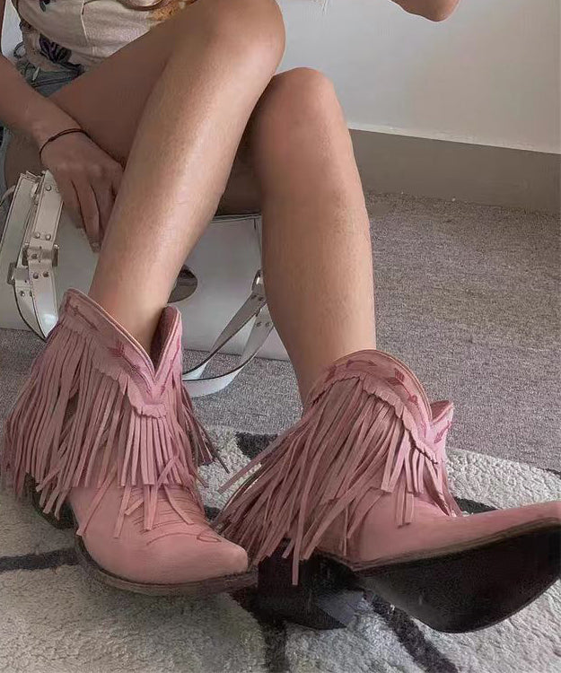 Splicing Chunky Boots Embroidered Pink Faux Leather