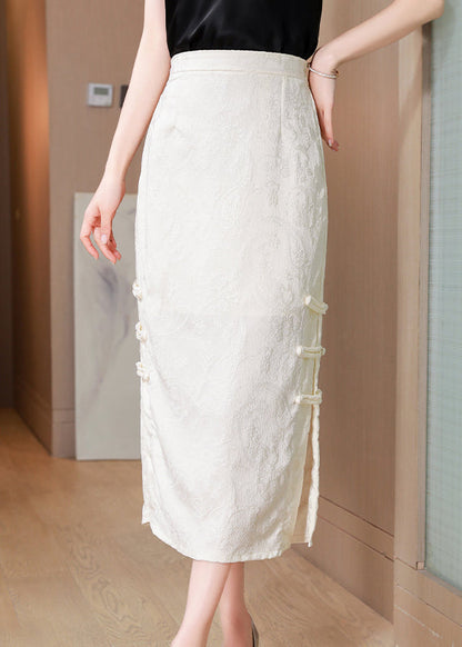 Apricot Jacquard Chinese Button Side Open Silk Skirts Spring