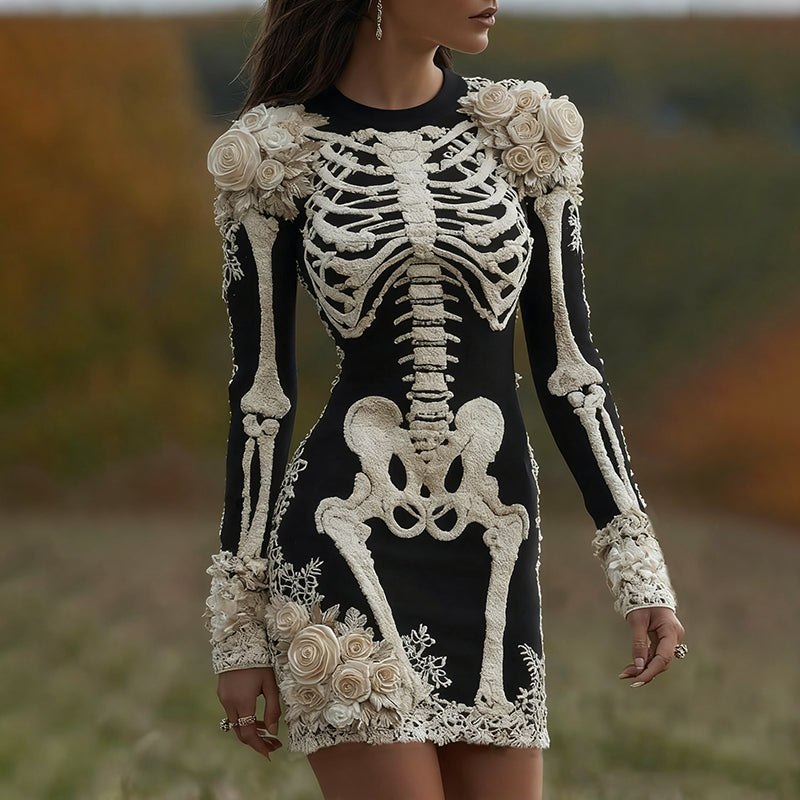 Women's Halloween Skeleton Bones With Rose Art Cozy Knit Mini Sweater Dress elevenforest