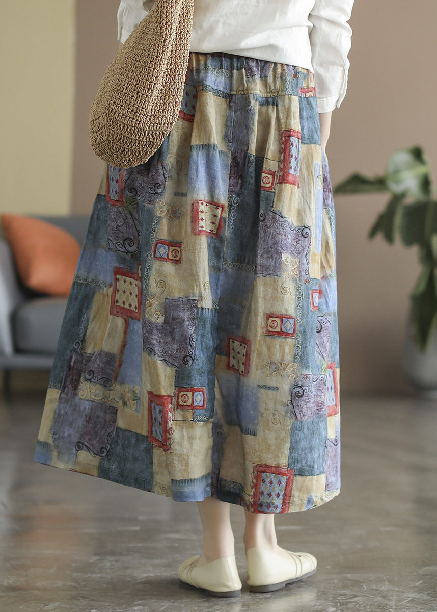 Blue Pockets Print Linen a Line Skirts Spring
