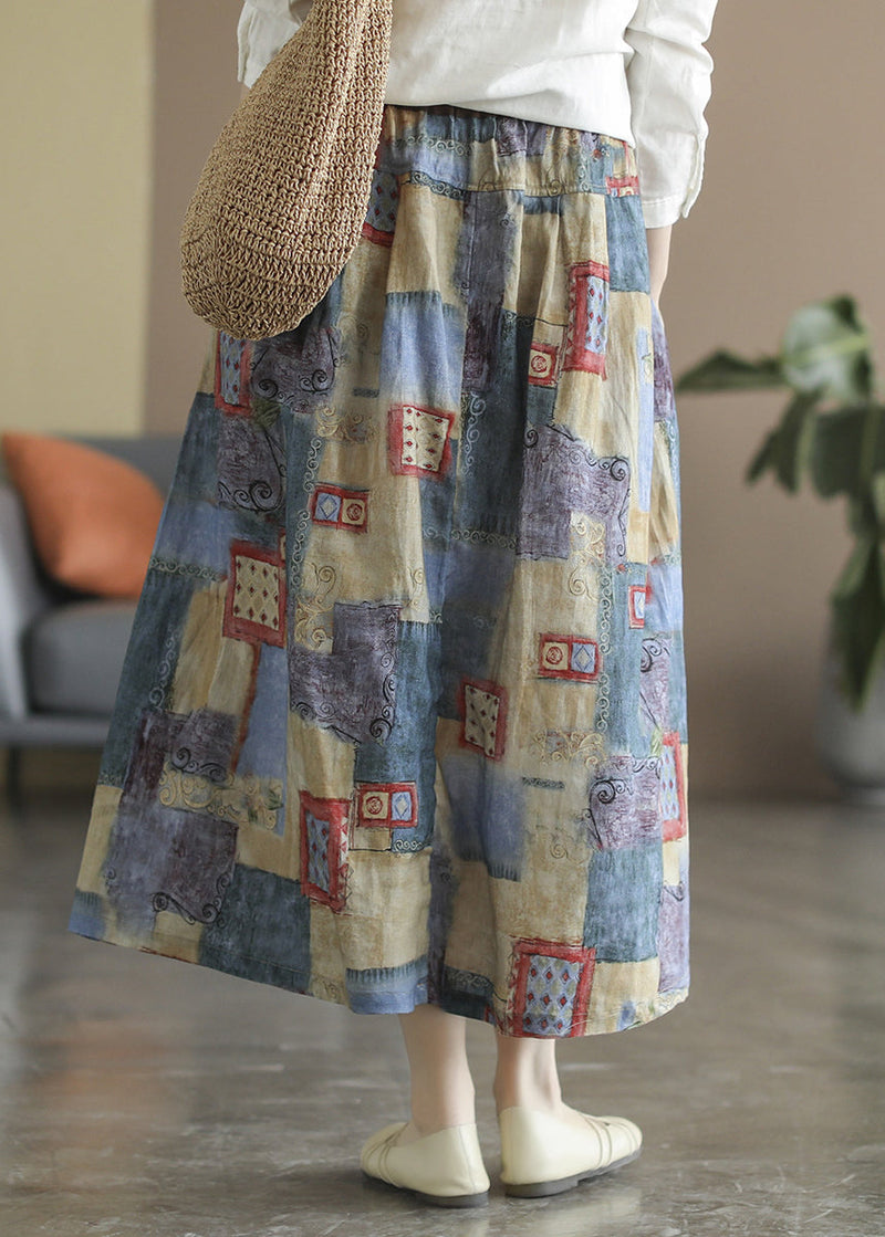 Blue Pockets Print Linen a Line Skirts Spring