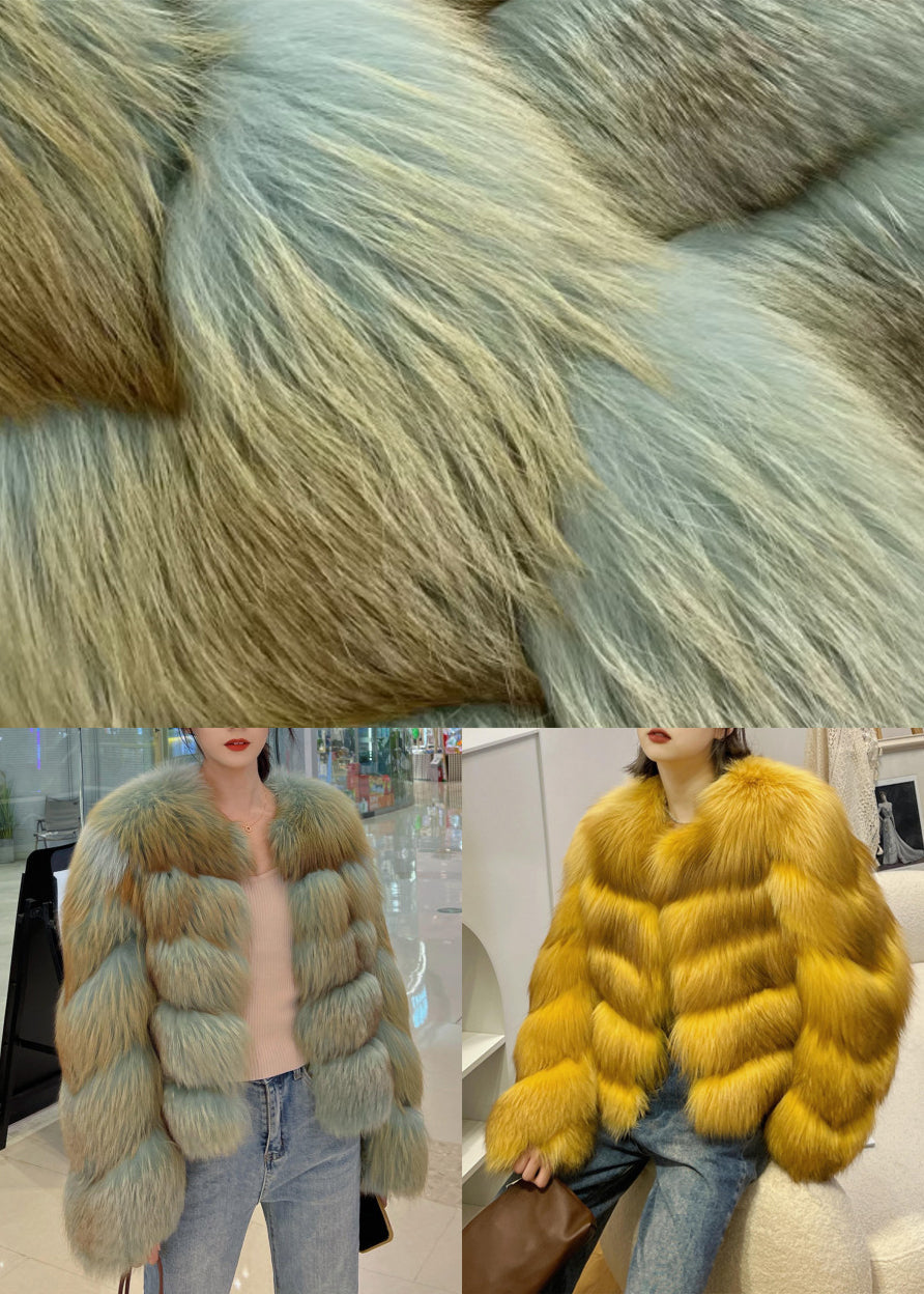 Green Patchwork Leather and Fur Coat Long Sleeve