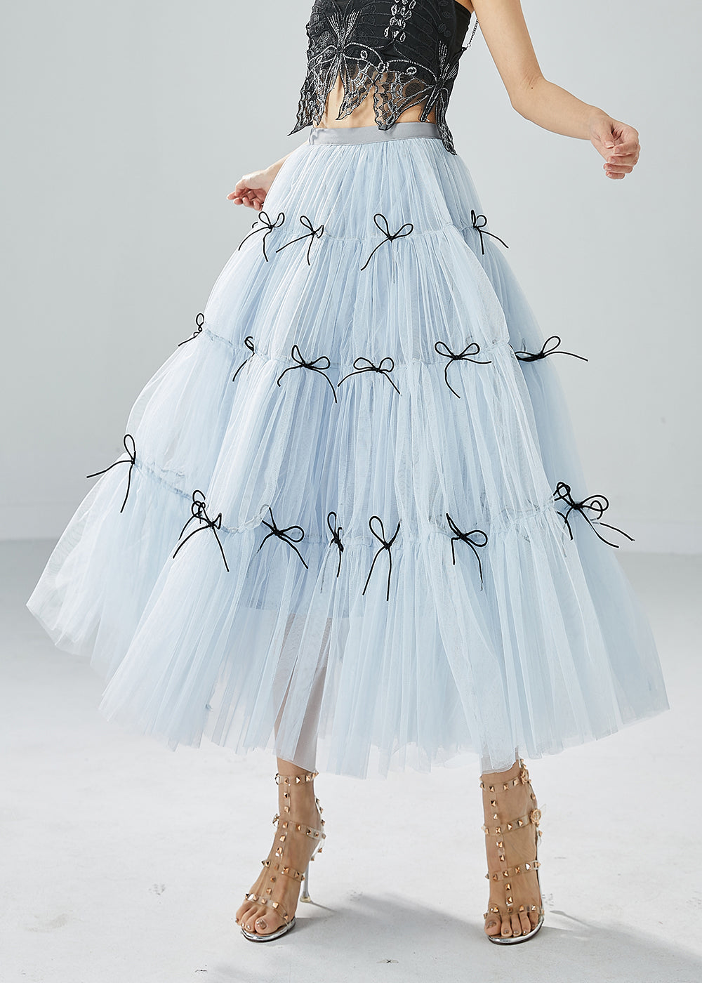 Sky Blue High Waist Patchwork Bow Tulle Skirt Summer