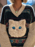 Women's Colorful Striped Plush Cat Pattern Embroidered V-neck Knit Sweater
