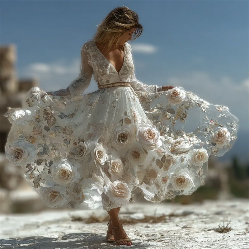 Classy White Roses Glitter Fiber Art Flowy Maxi Dress elevenforest