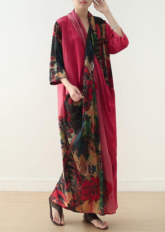 Beach Red Print Chiffon Clothes for V Neck Patchwork Dresses Dresses