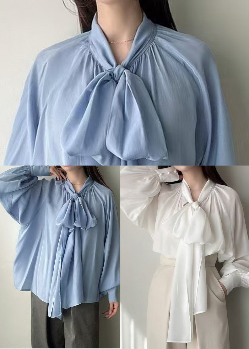 Blue Bow Oversized Silk Tops Lantern Sleeve