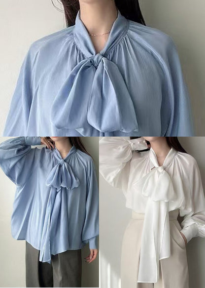 Blue Bow Oversized Silk Tops Lantern Sleeve