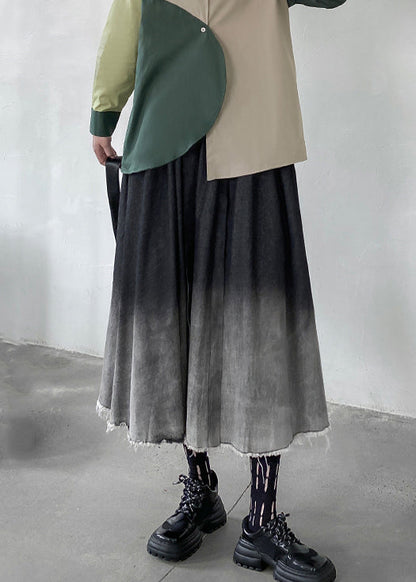 Gradient Color Wrinkled Elastic Waist Patchwork Denim Skirts Fall