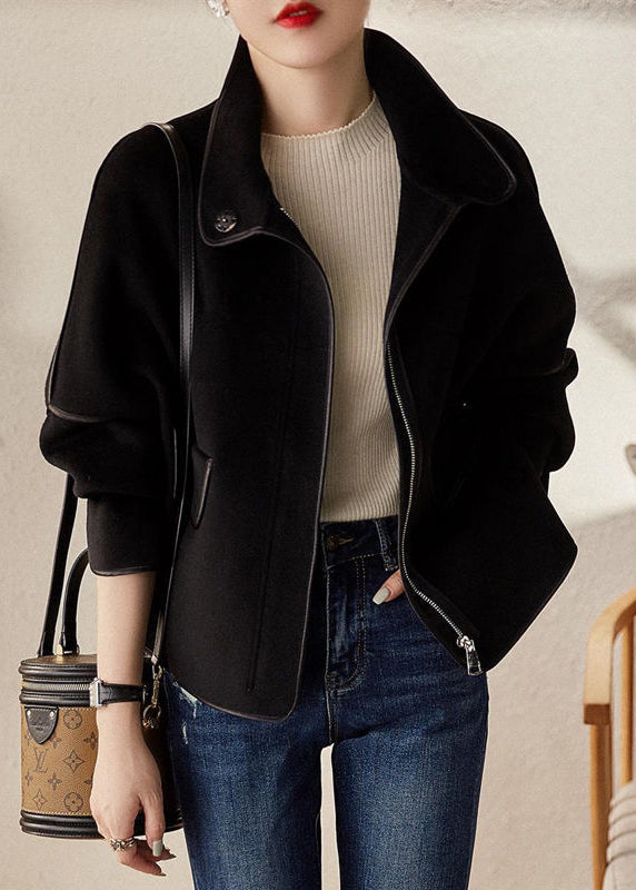 Grey Stand Collar Zippered Patchwork Woolen Coats Fall