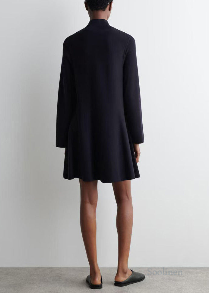 Black Stand Collar Knit Day a Line Dress Fall