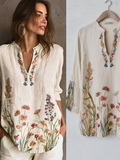 Bohemian Style Plant And Flower Elements Cotton And Linen Material Women's Shirt elevenforest