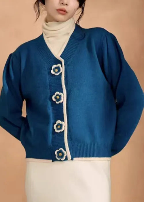 Blue V Neck Knit Short Sweater Winter