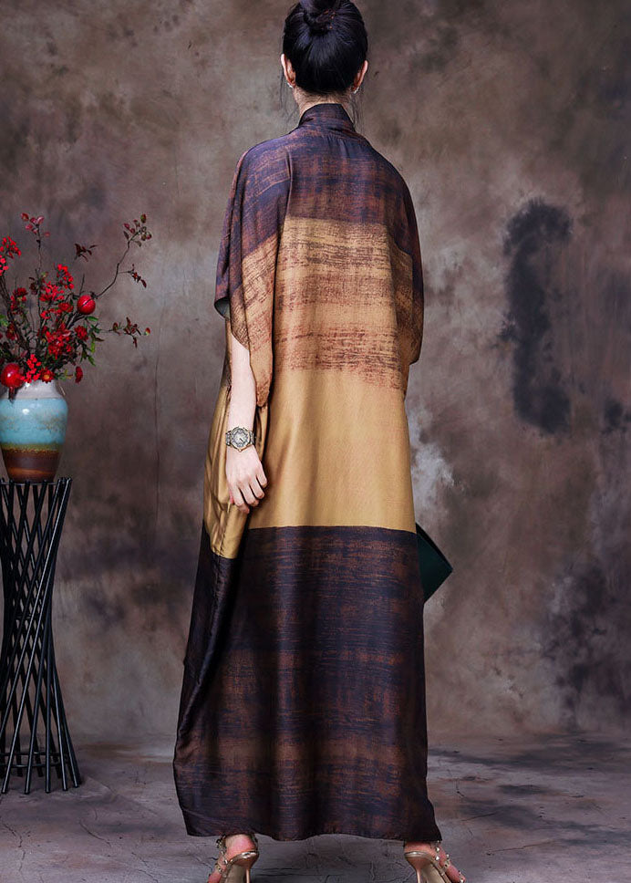 Yellow Coffee Bow Collar Print Silk Dress Batwing Sleeve