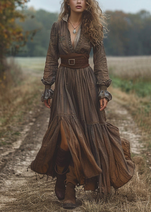 Dark Coffee Wrinkled Patchwork Cotton Long Dress Fall
