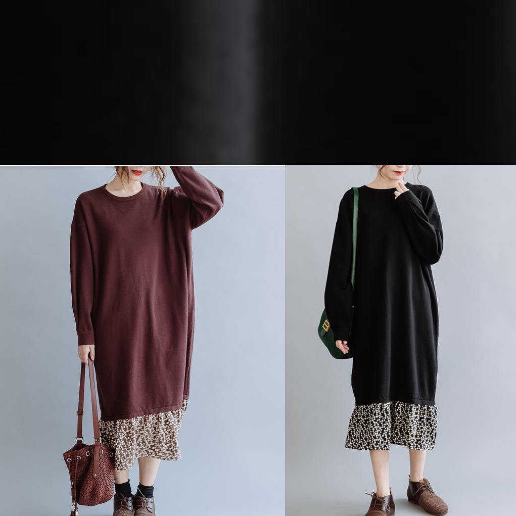 O Neck Asymmetric False Two Pieces Fall Clothes for Outfits Brown Loose Dress