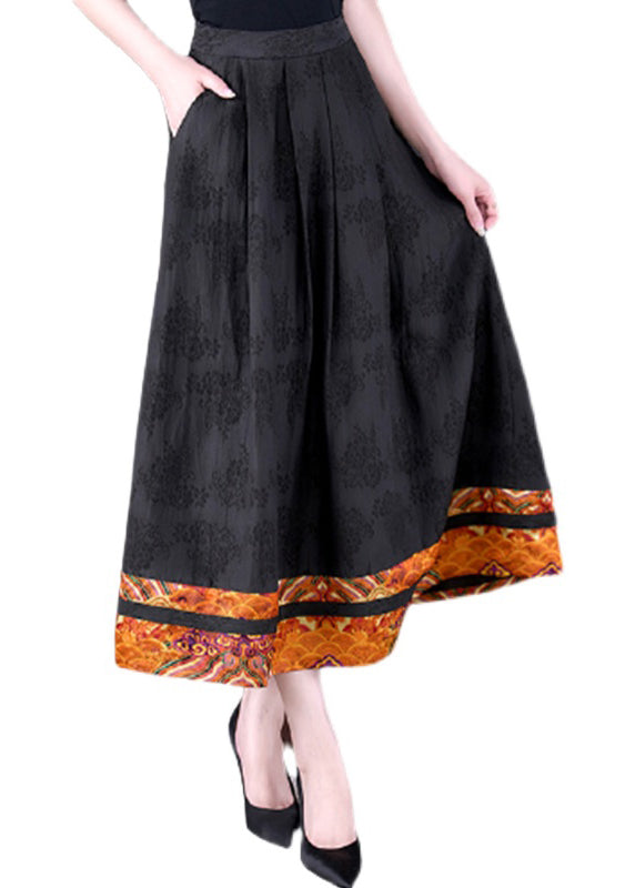 Diy Black Pockets Print High Waist Silk a Line Skirts Fall