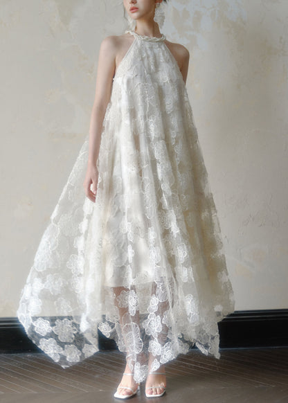 Art White Asymmetrical Pearl Lace Long Dress Sleeveless