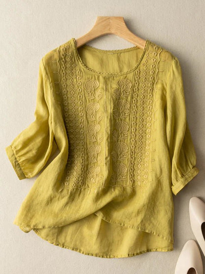Embroidered Round Neck Half Sleeve Linen Tee Top