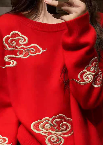 Red O Neck Auspicious Clouds Cozy Knit Sweaters Fall
