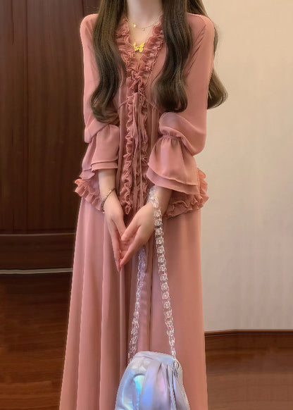 Pink Ruffled Lace Up Shirt and Skirts Chiffon Two Pieces Set Fall