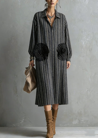Handmade Black Zip Up Striped Cotton Dresses Spring