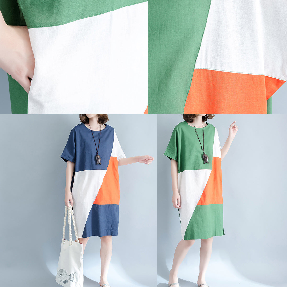Fine Green Midi Linen Dresses Clothing Shirt Dress O Neck Patchwork Linen Dresses