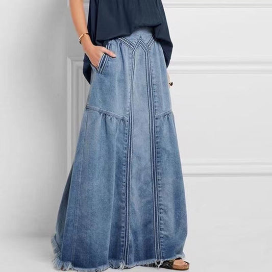 Distressed Color Elastic Waist Loose Denim Skirt With Pocket