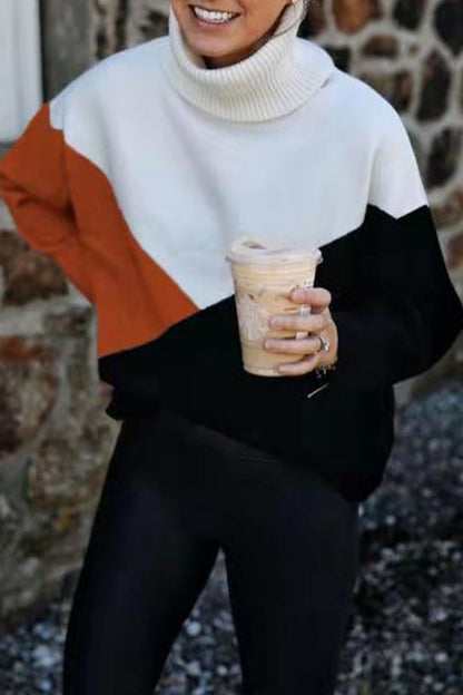 Work Color Block Patchwork Turtleneck Tops