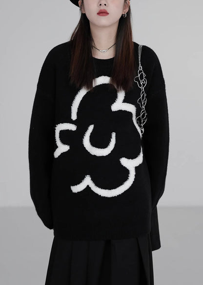Loose Black O-neck Cozy Knit Sweaters Winter
