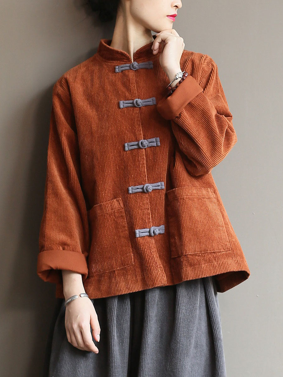 Winter Chinese Style Frog Corduroy Pocket Coat