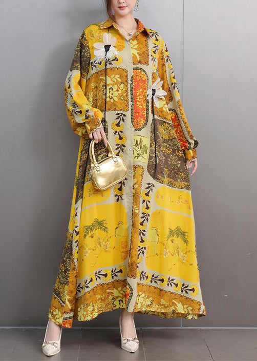 Yellow Oversized Print Chiffon Long Dresses Fall