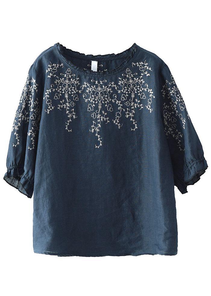 Handmade Navy Lantern Sleeve O-neck Embroidered Summer Cotton Blend Blouses