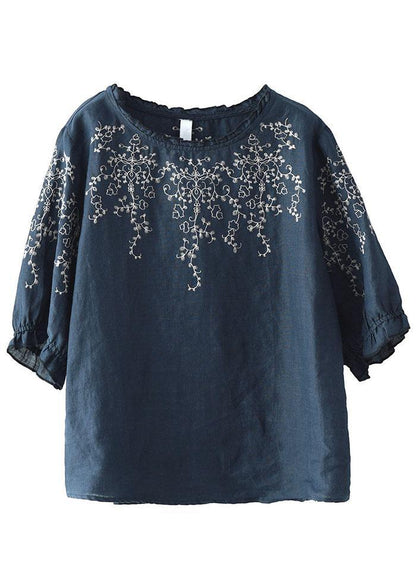 Handmade Navy Lantern Sleeve O-neck Embroidered Summer Cotton Blend Blouses
