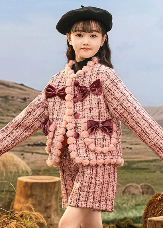 Pink O-neck Patchwork Button Kids Coats and Skirts Two Pieces Set Spring
