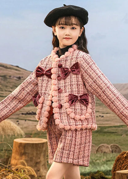Pink O-neck Patchwork Button Kids Coats and Skirts Two Pieces Set Spring