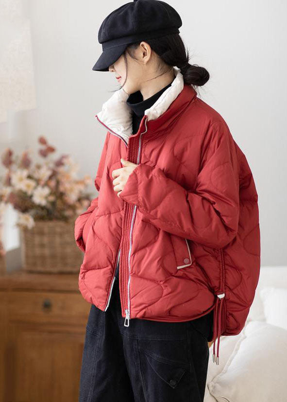 Red Stand Collar Zip Up Drawstring Duck Down Down Jacket Winter