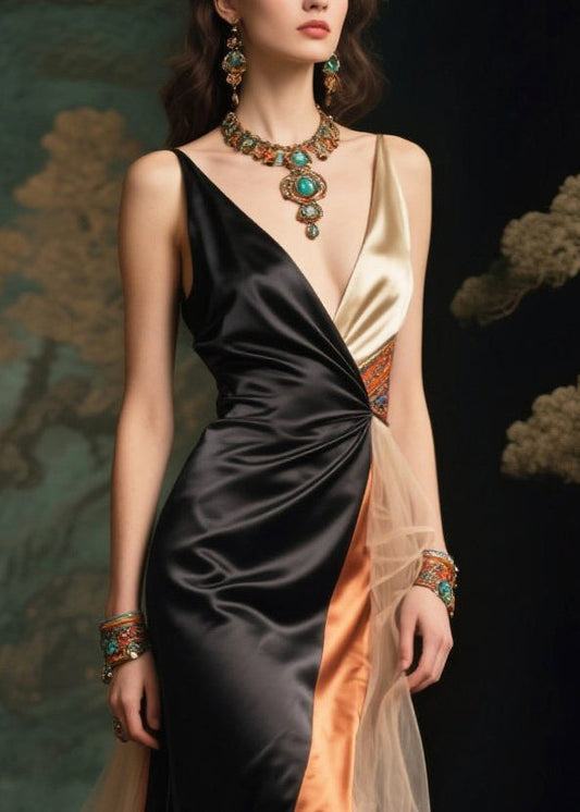 Black Side Open Patchwork Exra Large Hem Silk Vestidos Dresses Summer