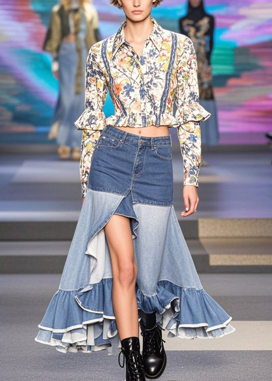 Blue Ruffles Patchwork Side Open Denim Skirts Spring