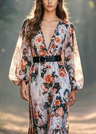 Cinched Print Cotton Long Dresses Spring