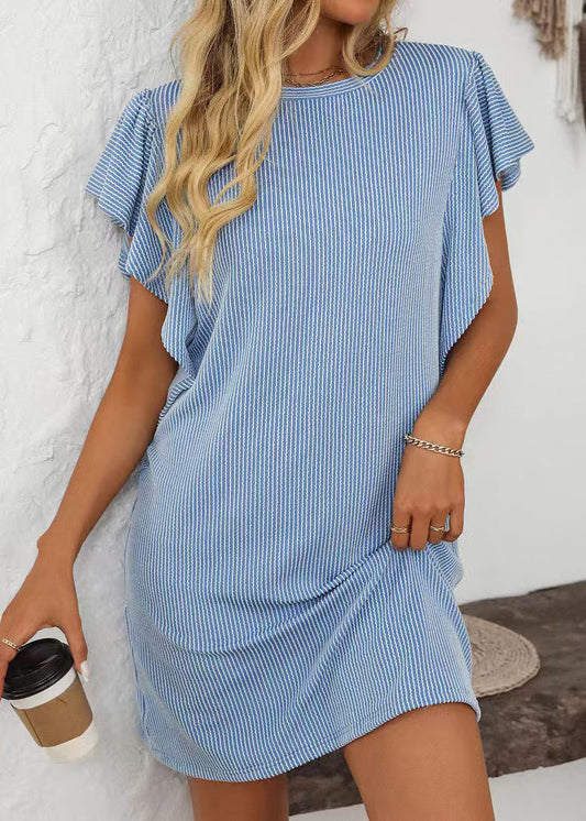 Blue O Neck Striped Cotton Mid Dress Summer