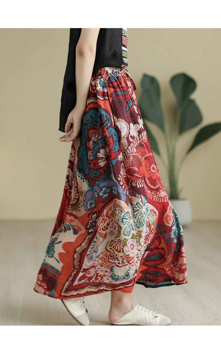 Literary Tencel Linen Print Slim A-line Skirt